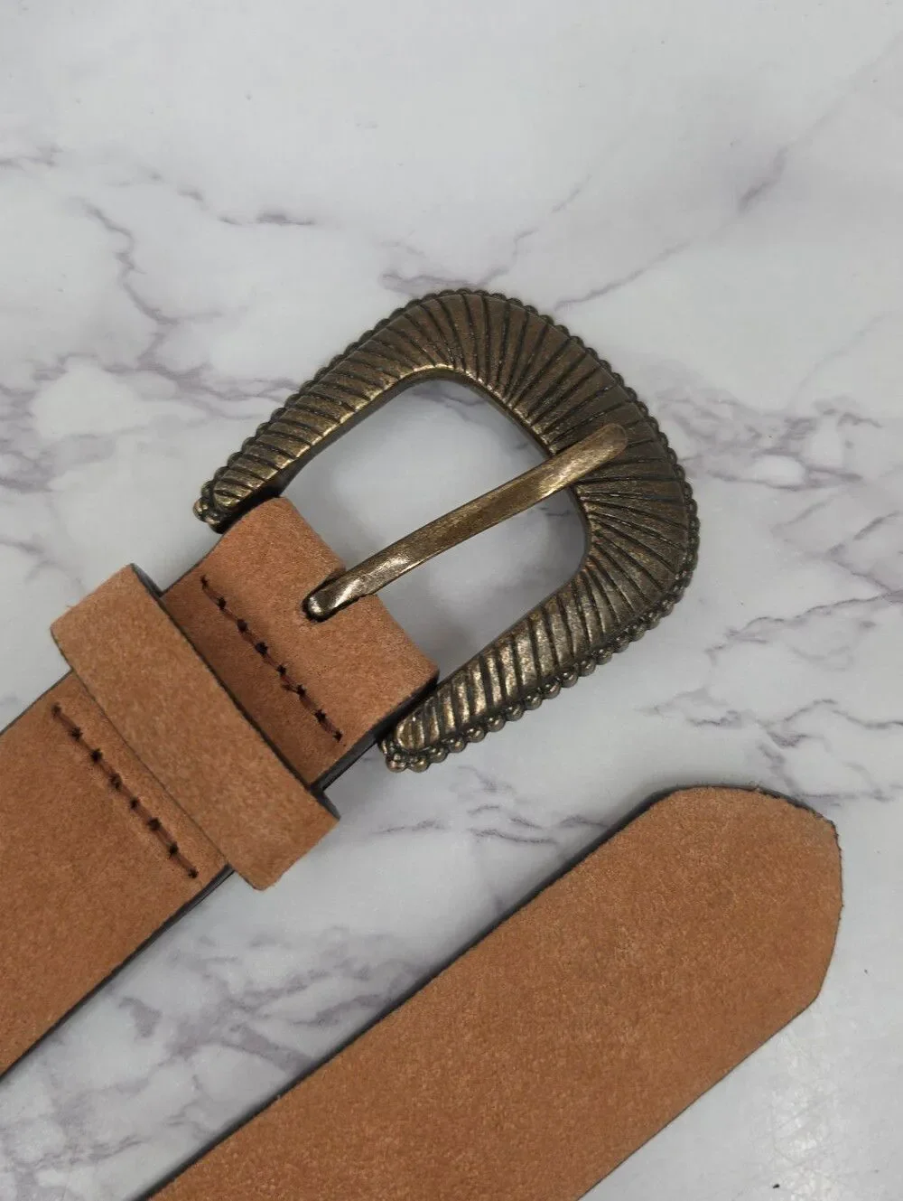 Tan Suede Leather Belt with Antiqued Brass Tone Buckle